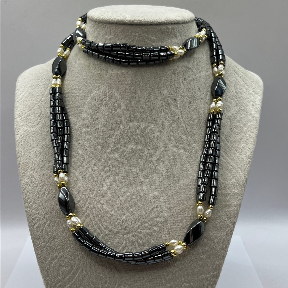 Vintage Hematite Rice Pearl Beaded Station Necklace 28 in Infinity Necklace